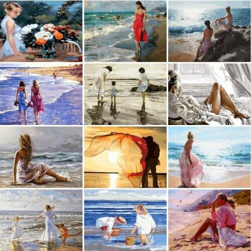 AZQSD Pictures By Numbers Seaside Woman Hand Paind Kit Canvas Painting By Numbers Landscape Wall Decorations Living Room