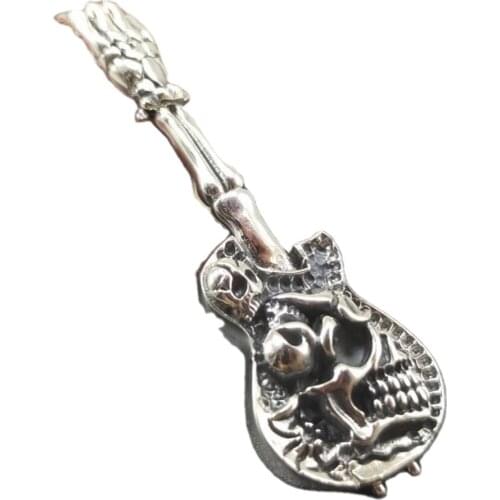 BOCAI New real S925 silver skull guitar cool hip-hop trend rock music musical instruments mens necklace