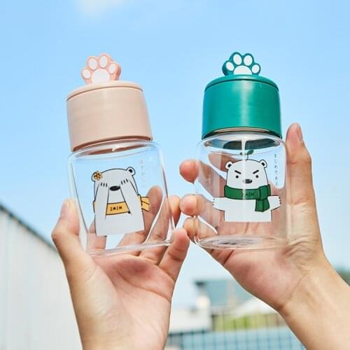 Water bottle cartoon bear pattern cute transparent mini children glass water cup portable small and light creative rope cup