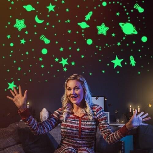 1 Set Fluorescent Stars Moon Glow in the Dark Wall Stickers Cartoon Astronomy Luminous Stickers Kids Rooms Ceiling Decor Decals