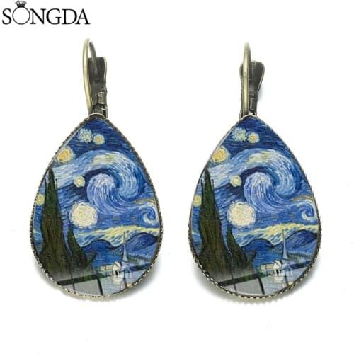 Classic Van Gogh The Starry Night Teardrop Earrings Gustav Klimt Mother Love Baby Painting Glass Dome Water Drop Earrings