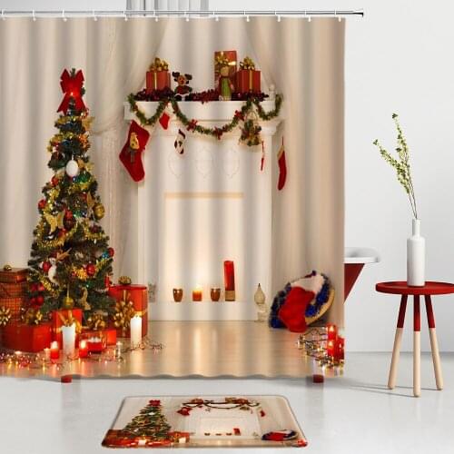 Christmas Tree Shower Curtains Set Sock Fireplace Print Bath Mats Entrance Door Mats Bathroom Rug Kitchen Room Decoration Carpet