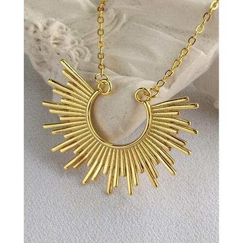 MLKENLY Half Sun Ray Pendant Necklace for Women Bohemian Unique Jewelry 925 Sterling Silver Necklace Boho Gold Chain Necklace