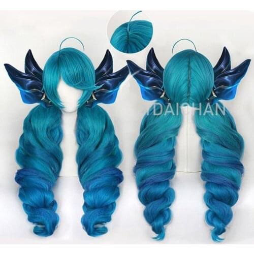 Game LOL Gwen Cosplay Props Wig Gradient Blue Wavy Side Part Gwen Wig with Bangs Ponytails Synthetic Hair for Halloween Party