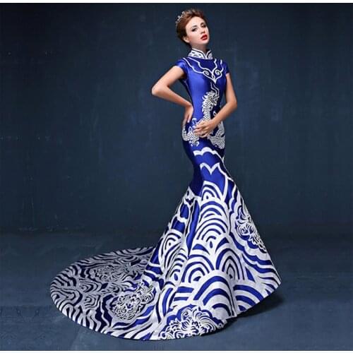 Luxury Royal Blue Backless Cheongsam Qipao Dresses Chinese Evening Gown China Dress Traditional Robe Chinoise Oriental Qi Pao