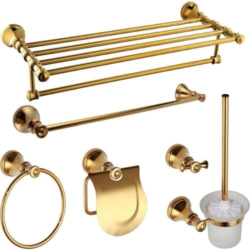 Luxury gold 6-Piece Bathroom Hardware Accessory Set towel rack bar towel ring paper holder Robe hook Toilet brush holder