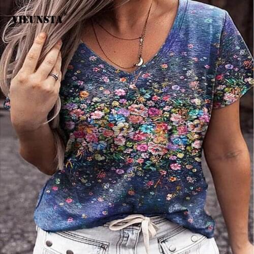 S-5XL Loose Plus Size Womens V Neck Short Sleeve T-Shirt Casual Flowers Printing Pullover 2021 Summer Collocation T-Shirt Top