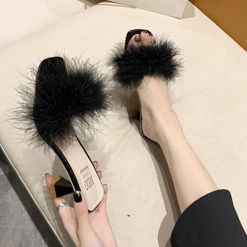 One Word with Hairy Sandals and Slippers for Women Korean Style Fashion Outer Wear New Mid-heeled High-heeled Slippers
