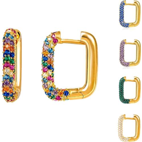 1PC 925 Sterling Silver Ear Buckle Colorful Zircon Square Hoop Earring for Women Geometric Square Huggies Earrings Jewelry