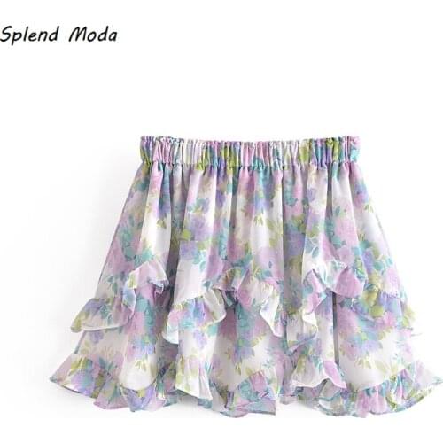 Splend Moda 2021 Summer New Sweet Elastic High Waist Floral Print Ruffle Layered Stitching Mini Skirt Women Casual Fashion