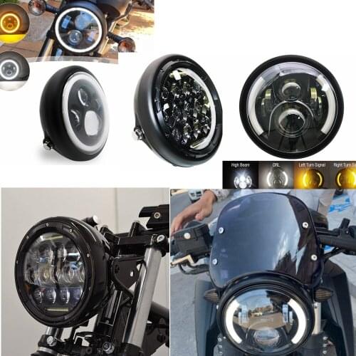 7.5Inch LED Headlamps with Halo Ring Amber Turn Signal For Harley Honda Cafe Racer Bobber 7.5" LED Motorcycles Headlight