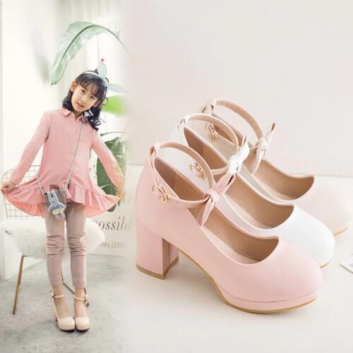 Princess Girls Shoes High Heeled Autumn Bow Size 38 39 Big Girls Dance Fashion White Chaussure Mariage Fille