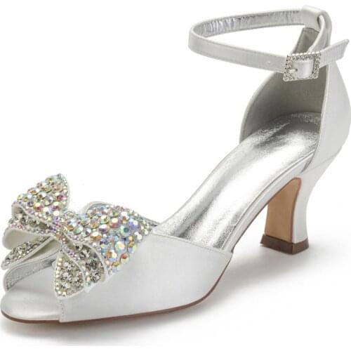 Open toe vintage bridal wedding thick heels lady satin evening dress shoes diamond rhinestone bowtie girl prom night pumps med