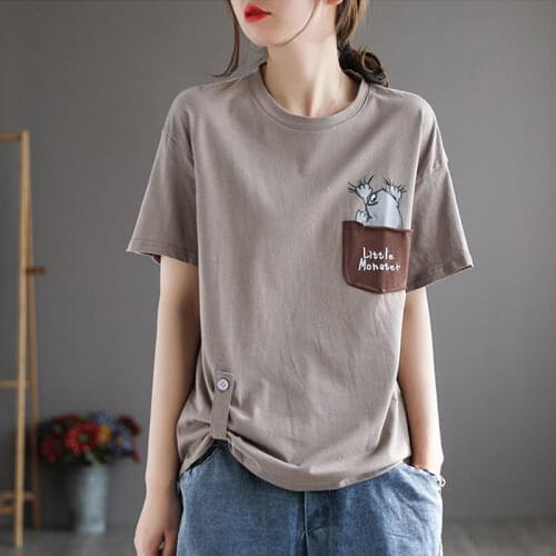 Pure Cotton Cartoon Printed Short-Sleeved T-shirt for Women 2021 Summer New Loose All-Match Casual Pullover Tops