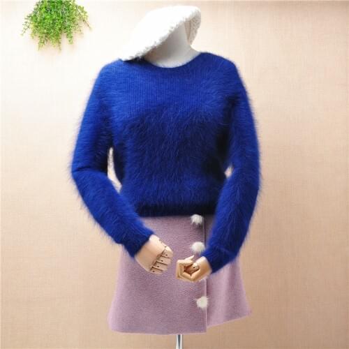 Female women hairy fluffy angora rabbit fur knitted long sleeves slim bottoming pullover mink cashmere winter jumper sweater top