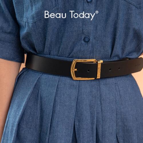 BeauToday Retro Belt Women Genuine Cow Leather Golden Look Pin Buckle Jeans Dress Designer Narrow Waistband Handmade 91003