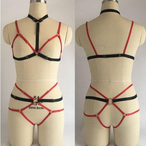 Women Sexy Body Harness Set Crop Top Cage Bralette + Harness Panties Fetish Wear Bondage Cage Harness Bra Gothic Rave Body suit