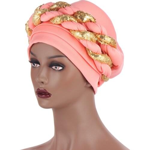 2021 Fashion Exaggerated Women Headtie Turban Cap African Head-Wrap Cap Muslim two Color Sequin Twist Headband Dance Headband