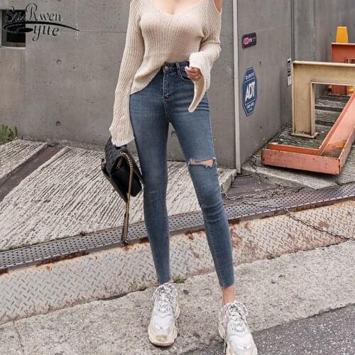 2021 Plus Size Women Jeans High Waist Denim Pants Women High Elastic Skinny Pants Ripped Hole Stretchy Women Trousers 10396