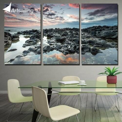 3 Panels Canvas Art Coast Rocks Cloudy Home Decoration Wall Art Painting Canvas Prints Pictures for Living Room Poster XA-1037C