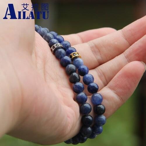 Ailatu High Grade 6mm Blue Veins Stone Micro Pave Black Zircons Spacer Bracelet Gift Jewelry