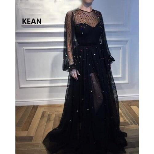 Black Muslim Evening Dresses Tulle Long Sleeves Lantern Sequins Illusion Formal Islamic Dubai Kaftan Saudi Arabic Prom Dress