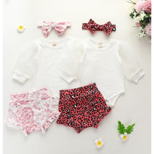 Baby Girls Boys Clothes Sets Puff Sleeve White Romper Tops Leopard Print Shorts Headband 3pcs 0-18M Outfit