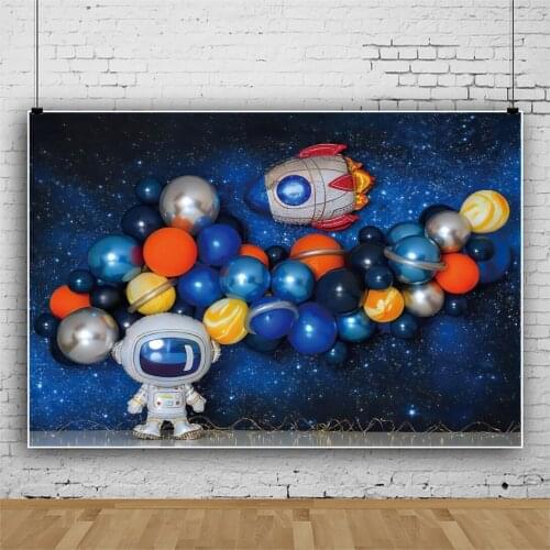 Laeacco Cartoon Astronaut Universe Planet Starry Baby Birthday Scene Background Spaceship Pattern Banner Photography Backdrops