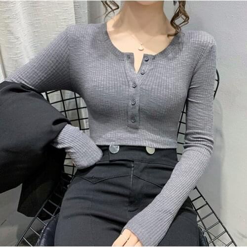 LJSXLS Long Sleeve Women 2021 Cotton T-shirts Female Button Casual Fashion T-shirts Sexy Slim O Neck Korean Tops Solid Tee Shirt