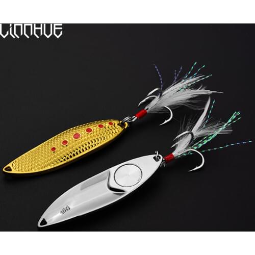 LINNHUE 1pcs Metal Fishing Lure 5g 7g 10g 15g 20g Spinning Spoon Hard Baits Night Fishing Zinc Alloy Leech Feather Terble Hook