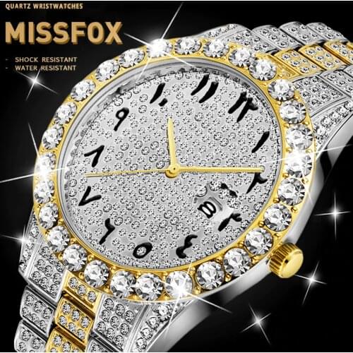 MISSFOX Dropship Arabic Dial Watch Gold And Silver Metal Hot AAA Watch Men Submariner Luxury Trendy Mens Diamond Watch Clock