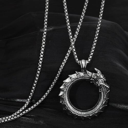 Men Vintage Punk Style Circle Ouroboros Snake Pendant Necklace Personality Silver Color Dangle Necklace Male Jewelry Accessories