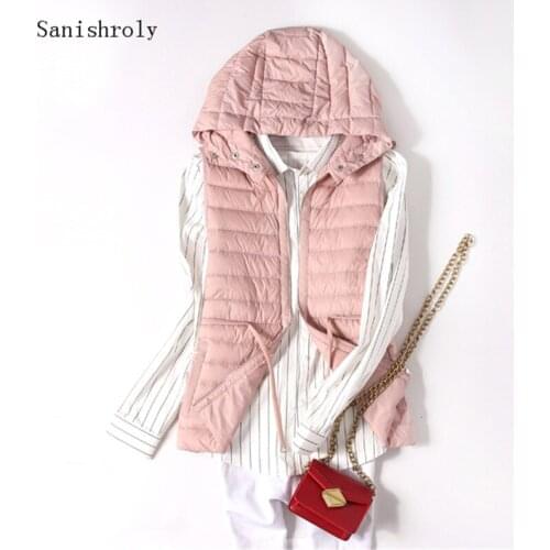 Autumn Winter Women Ultra Light 90% White Duck Down Waistcoat Female Zipper Drawstring Sleeveless Hooded Vest Jakcet Short Tops