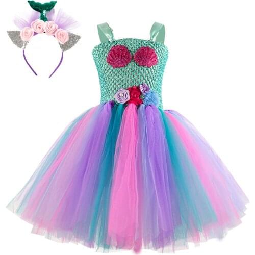 Princess Girl Mermaid Tutu Dress Kids Sparkle Sequin Purple Starfish Birthday Party Dresses Children Halloween Holidays Costumes