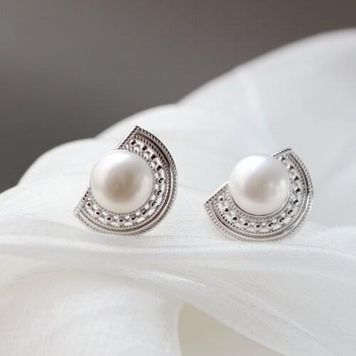 Authentic 925 Sterling Silver Fashion Semicircle Earstuds Inlaid 10mm Natural Freshwater Pearl Earring National Style Jewelry