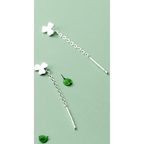 Real 925 Sterling Silver Chain Tassel Clover Drop Earrings For Fashion Women Party Fine Jewelry Minimalist Accessories