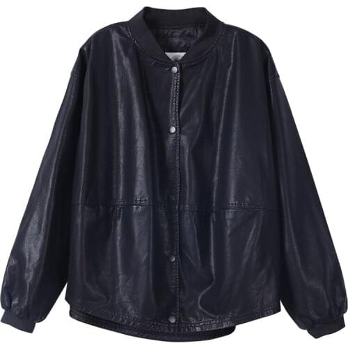 Spring fall new Korean loose baseball collar dark button leather jacket single-breasted cardigan short PU leather coat women 142