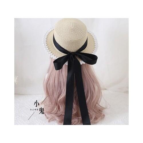 2021 New Lolita Pastorale Style Lace Ribbon Straw Hat Flat Cap Mori Girl Handmade Beach Sun Hat