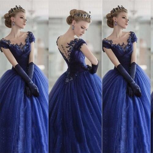 Gorgeous New Design Custom Made Navy Cap SleevesTulle Women Evening Dress Prom Dresses Gowns