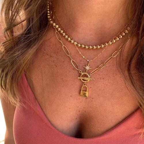 2020 Vintage Boho Multi-layer Sequin Star Lock Necklace For Women New Crystal Geometry Pendants Necklaces Chokers Jewelry Gift