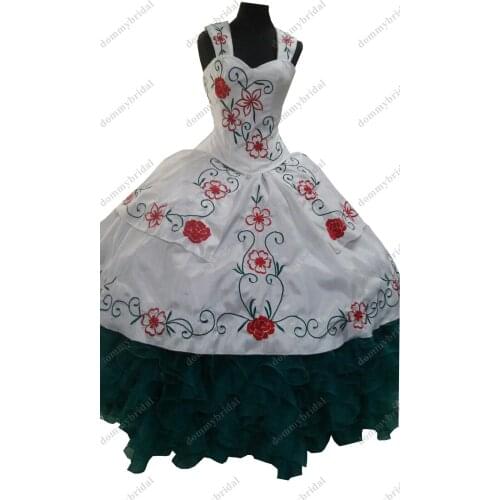 Vintage Red Flower Embroidery Ruffled Satin White Quinceanera Prom Evening Dresses Plus size With Sleeve Charro Vestido De 15 XV