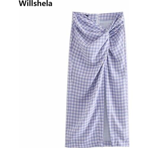 2021 Women Vintage Checkered Skirt with Knot Fashion High-waist Pleated Elegant Chic Lady Plaid Slit Midi skirts Woman jupe