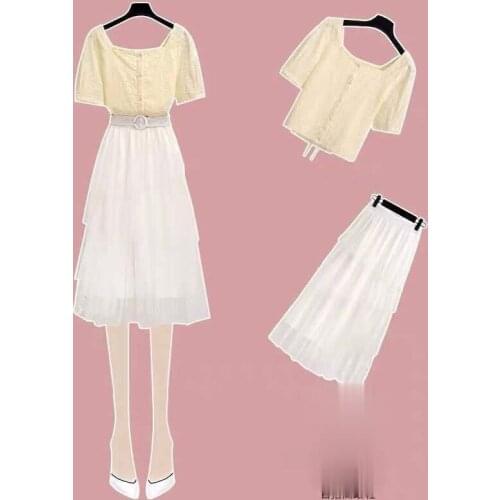 Women 2021 Summer Elegant Two Piece Set Female Square Collar Blouse Casual Mesh Elastic Waist Midi Skirt New Ladies Suit A857