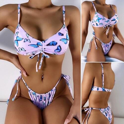 Womens Bowknot Printed Bikini Swimsuit Ladies Swimsuit 2-Piece Bikini Swimsuit Pink