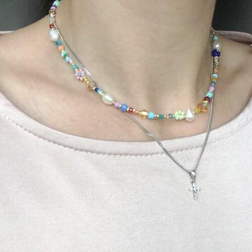 Boho Small Flower Beaded Necklace Natural Pearl Crystal Bead Mix And Match Women Beautiful Neck Accessories Valentine’s Day Gift