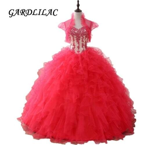Watermelon Quinceanera Dresses 2019 Long Prom Dress Beaded Ruffles Organza Dance Ball Gown Vestidos De 15 Anos Sweet 16 Dress