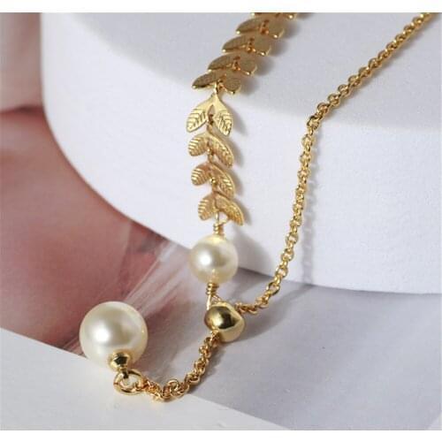 316L Stainless Steel Golden Wheat Ear Pearl Pendant Asymmetric Rose Gold Necklace Collares De Moda 2021