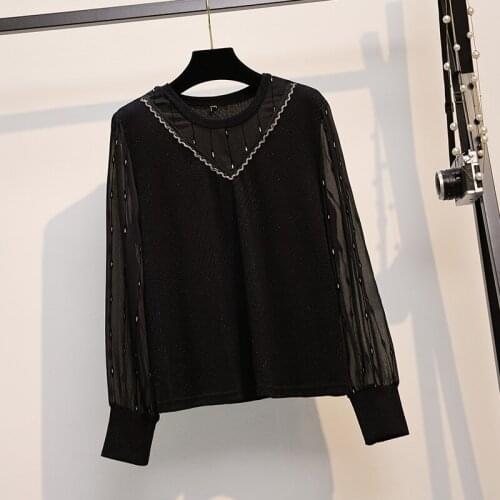 Black Mesh Stitch Long Sleeved Plus Size Korean Autumn Elegant Fashion Blouses And Tops WomenS Oversize T-Shirt Clothing 2021