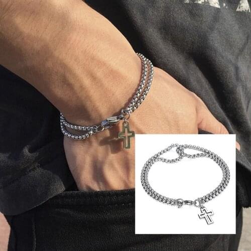 Double Layer Chain Jesus Cross Bracelet Stainless Steel Men Fashion Simple Wristband Charm Bangle Jewelry