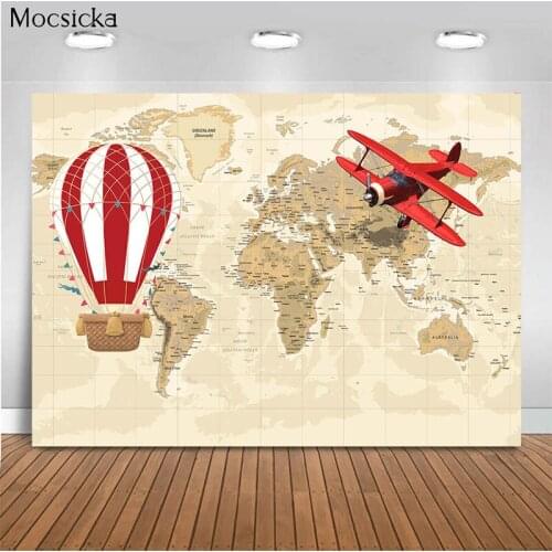 World Map Background Hot Air Balloon Red Airplane Photo Background Decoration Child Portrait Photography Background Studio